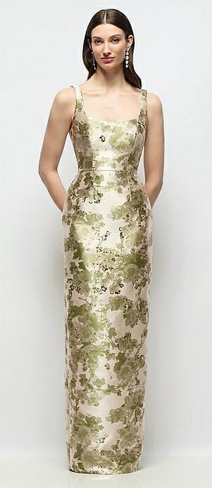 scoop neck abstract floral jacquard column maxi dress