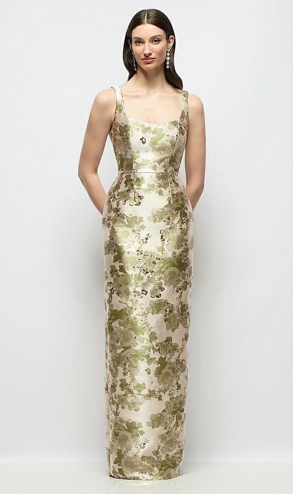 scoop neck abstract floral jacquard column maxi dress