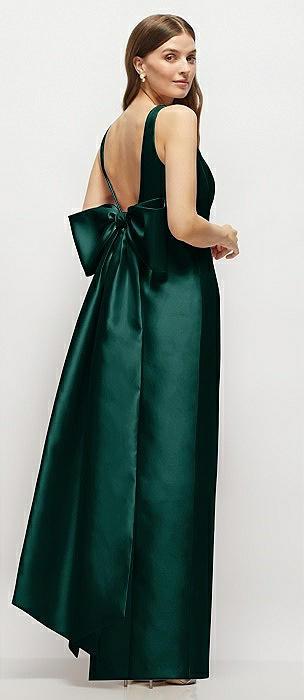 scoop neck corset satin maxi dress with floor-length bow tails