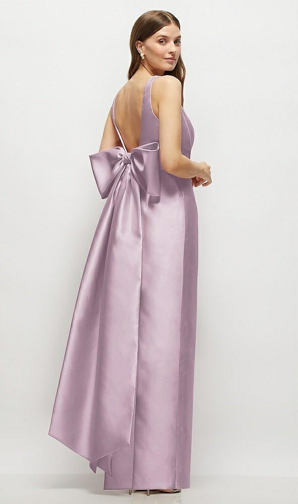 scoop neck corset satin maxi dress with floor-length bow tails