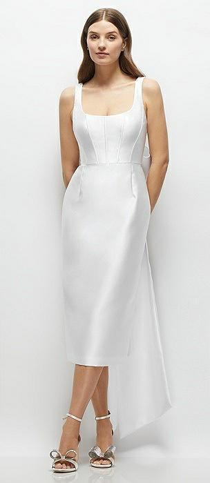scoop neck corset satin midi dress with floor-length bow tails