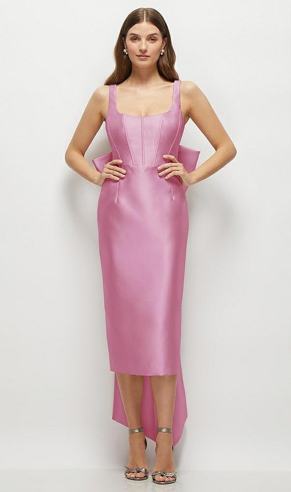 scoop neck corset satin midi dress with floor-length bow tails