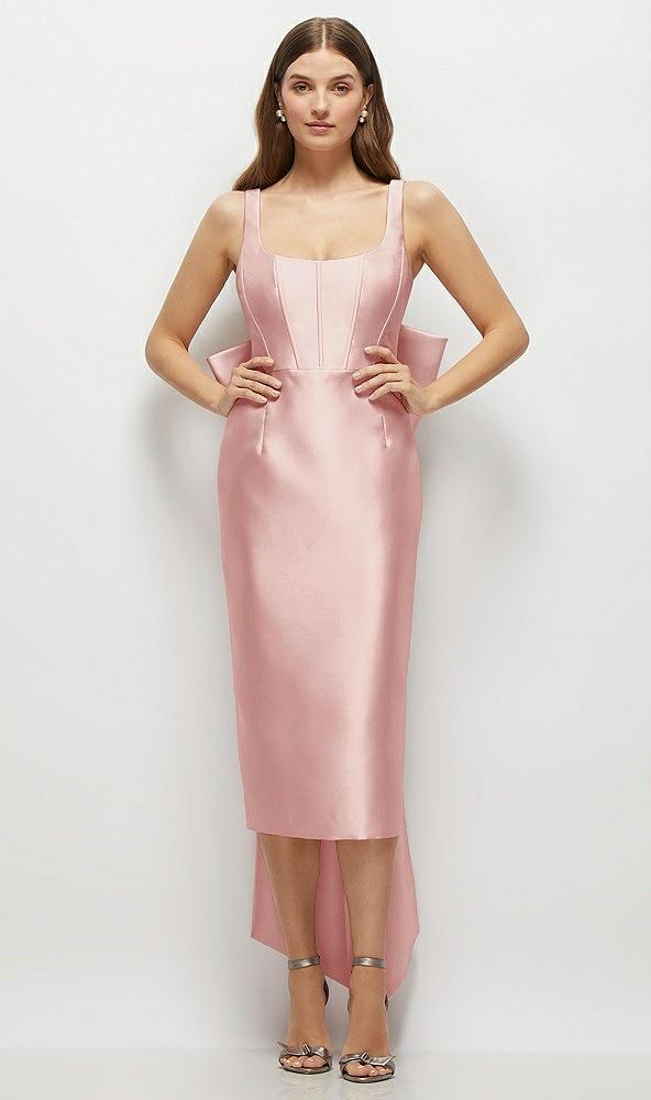 scoop neck corset satin midi dress with floor-length bow tails