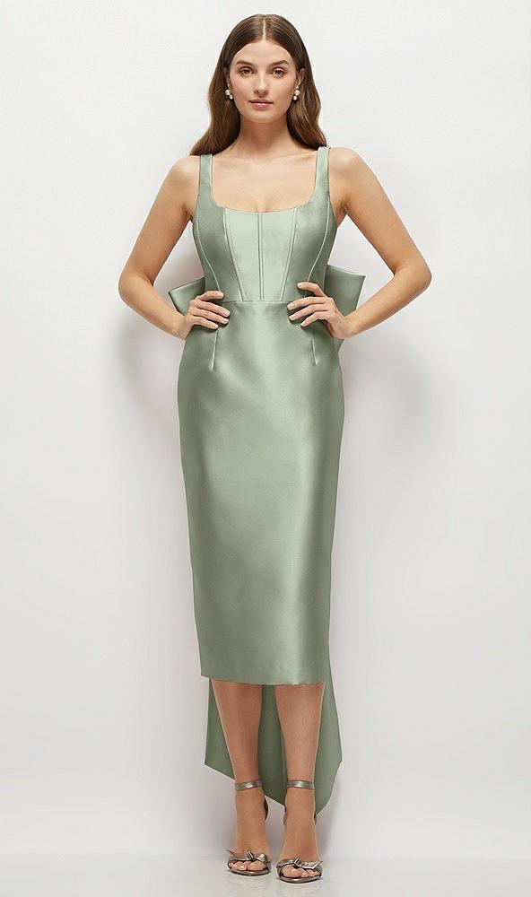 scoop neck corset satin midi dress with floor-length bow tails