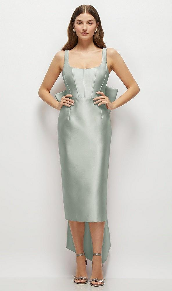 scoop neck corset satin midi dress with floor-length bow tails