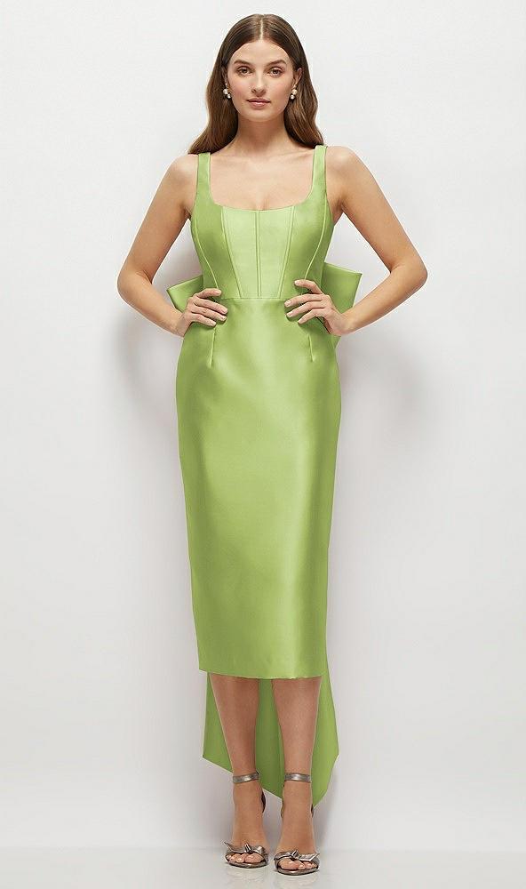 scoop neck corset satin midi dress with floor-length bow tails