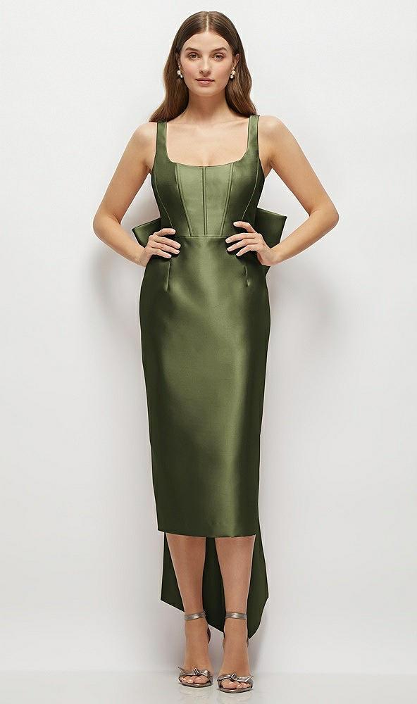 scoop neck corset satin midi dress with floor-length bow tails