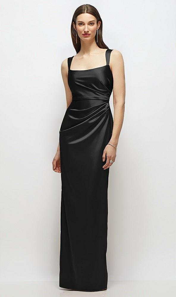 scoop neck draped column stretch satin maxi dress