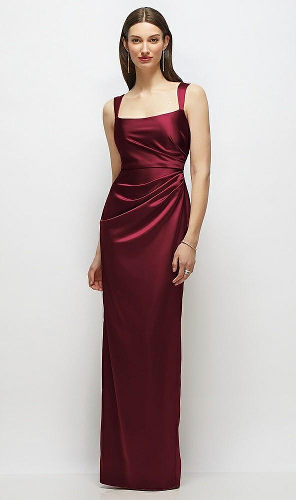 scoop neck draped column stretch satin maxi dress