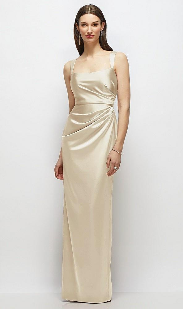 scoop neck draped column stretch satin maxi dress