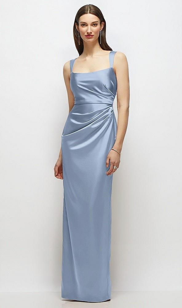 scoop neck draped column stretch satin maxi dress