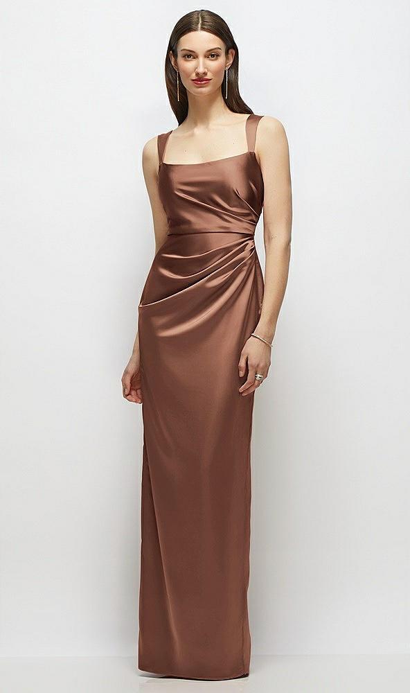 scoop neck draped column stretch satin maxi dress