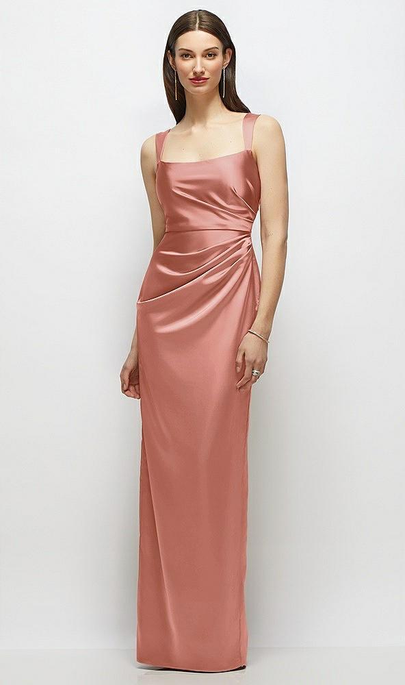 scoop neck draped column stretch satin maxi dress
