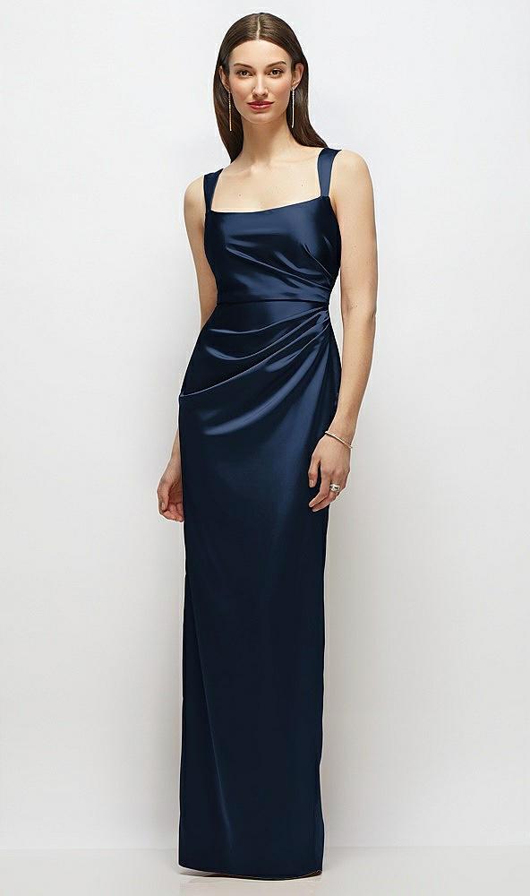 scoop neck draped column stretch satin maxi dress