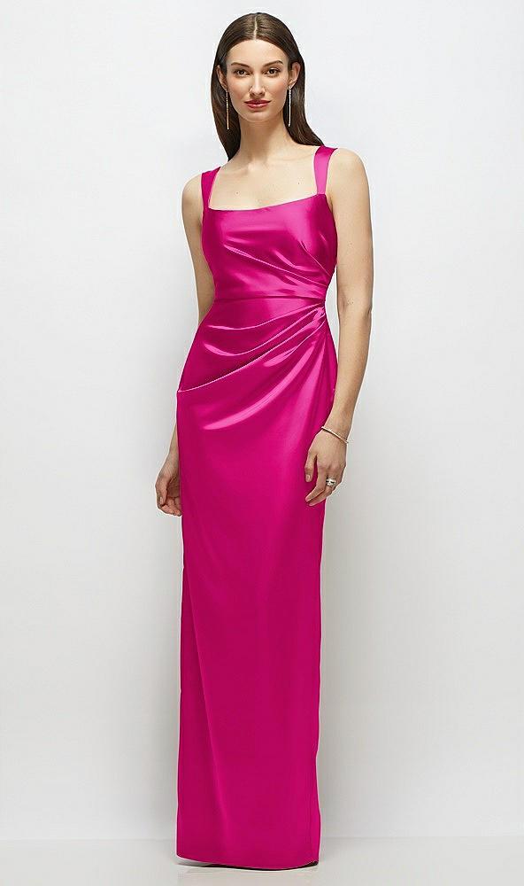 scoop neck draped column stretch satin maxi dress