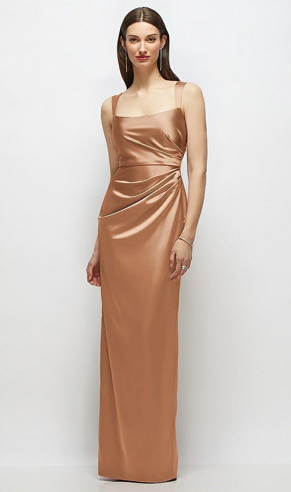 scoop neck draped column stretch satin maxi dress