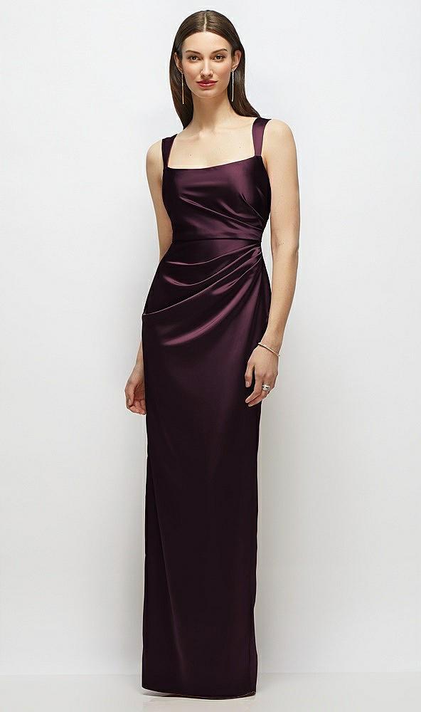 scoop neck draped column stretch satin maxi dress