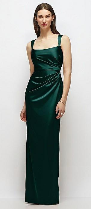 scoop neck draped column stretch satin maxi dress