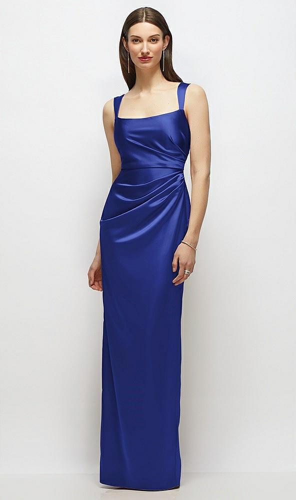 scoop neck draped column stretch satin maxi dress