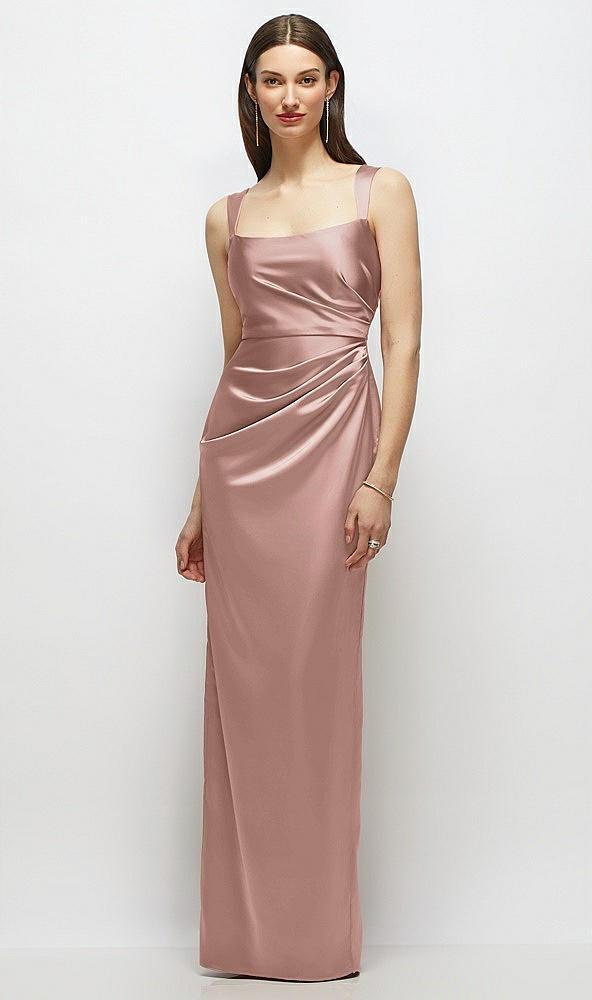scoop neck draped column stretch satin maxi dress