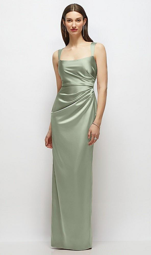 scoop neck draped column stretch satin maxi dress