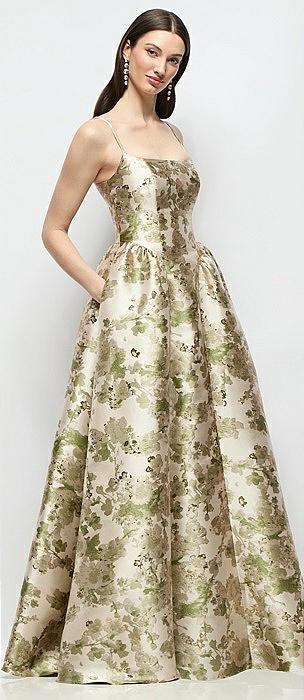 scoop neck drop basque skirt abstract floral jacquard maxi dress with pockets