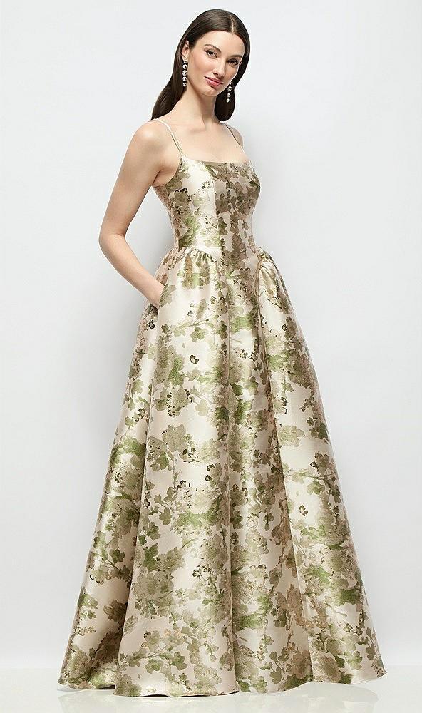 scoop neck drop basque skirt abstract floral jacquard maxi dress with pockets