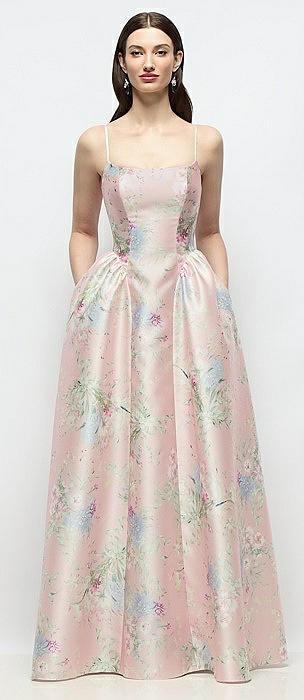 scoop neck drop basque skirt esme floral satin maxi dress with pockets