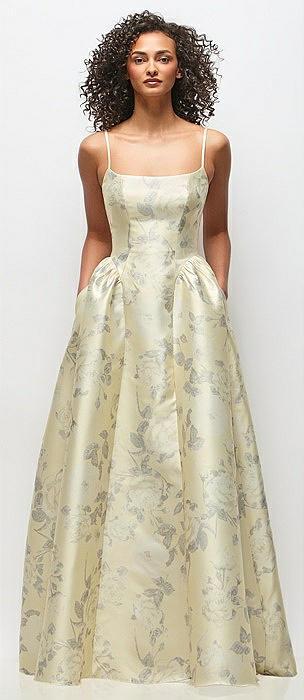 scoop neck drop basque skirt floral satin maxi dress with pockets