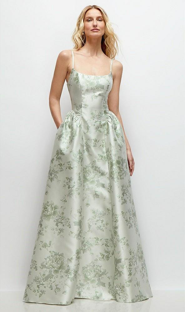 scoop neck drop basque skirt floral satin maxi dress with pockets