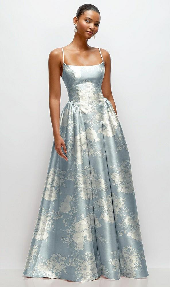 scoop neck drop basque skirt floral satin maxi dress with pockets