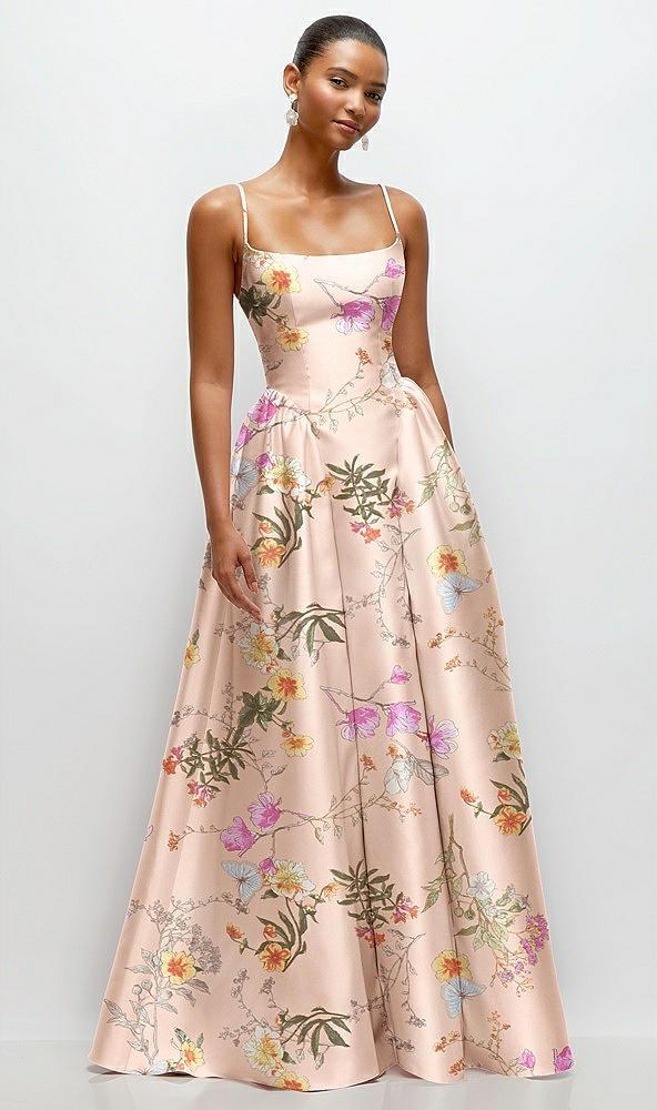 scoop neck drop basque skirt floral satin maxi dress with pockets