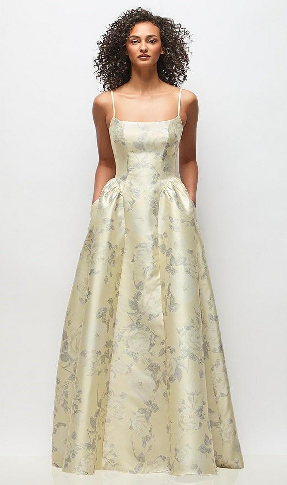 scoop neck drop basque skirt floral satin maxi dress with pockets