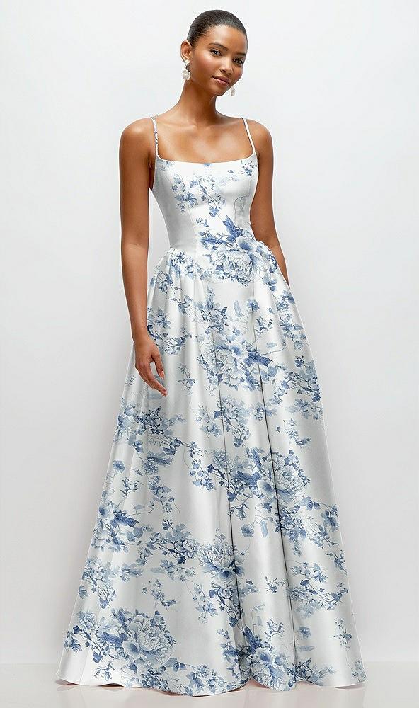 scoop neck drop basque skirt floral satin maxi dress with pockets