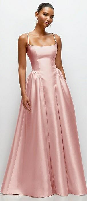 scoop neck drop basque skirt satin maxi dress with pockets