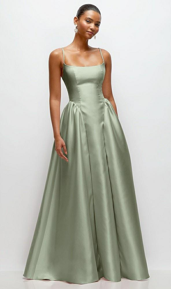 scoop neck drop basque skirt satin maxi dress with pockets