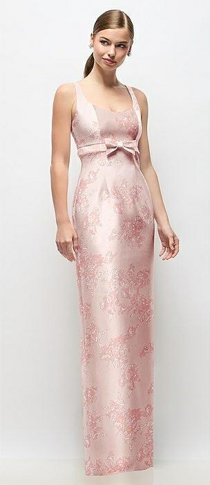 scoop neck floral satin column maxi dress with bow at empire waist