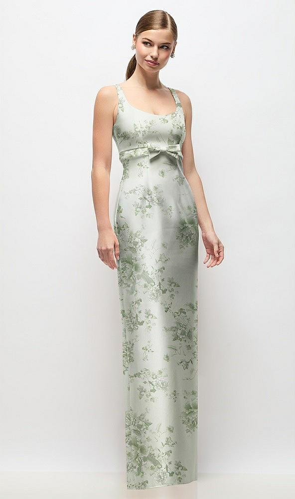 scoop neck floral satin column maxi dress with bow at empire waist