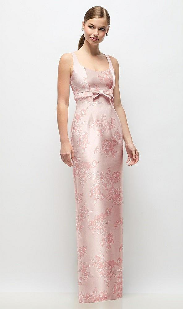 scoop neck floral satin column maxi dress with bow at empire waist