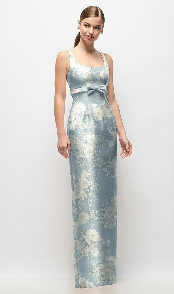 scoop neck floral satin column maxi dress with bow at empire waist