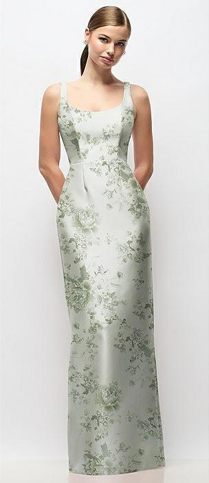 scoop neck floral satin column maxi dress