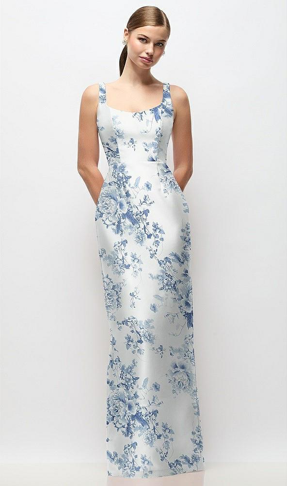 scoop neck floral satin column maxi dress