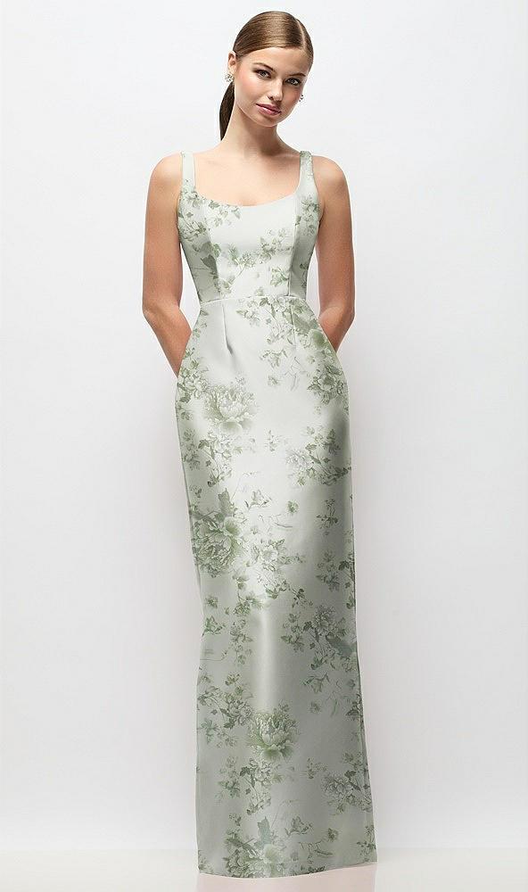 scoop neck floral satin column maxi dress