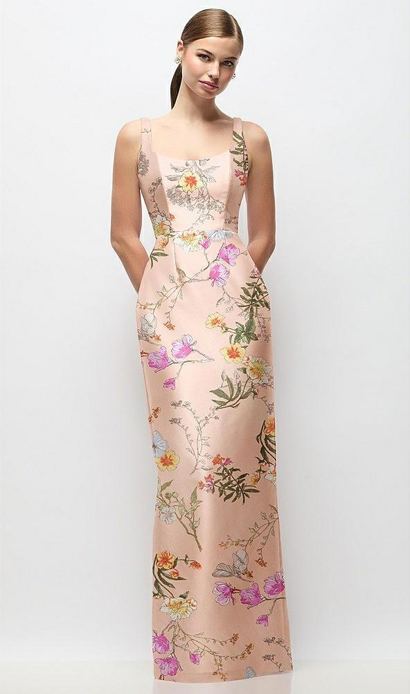 scoop neck floral satin column maxi dress