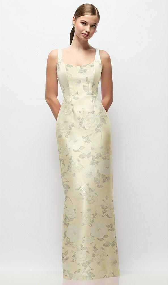 scoop neck floral satin column maxi dress