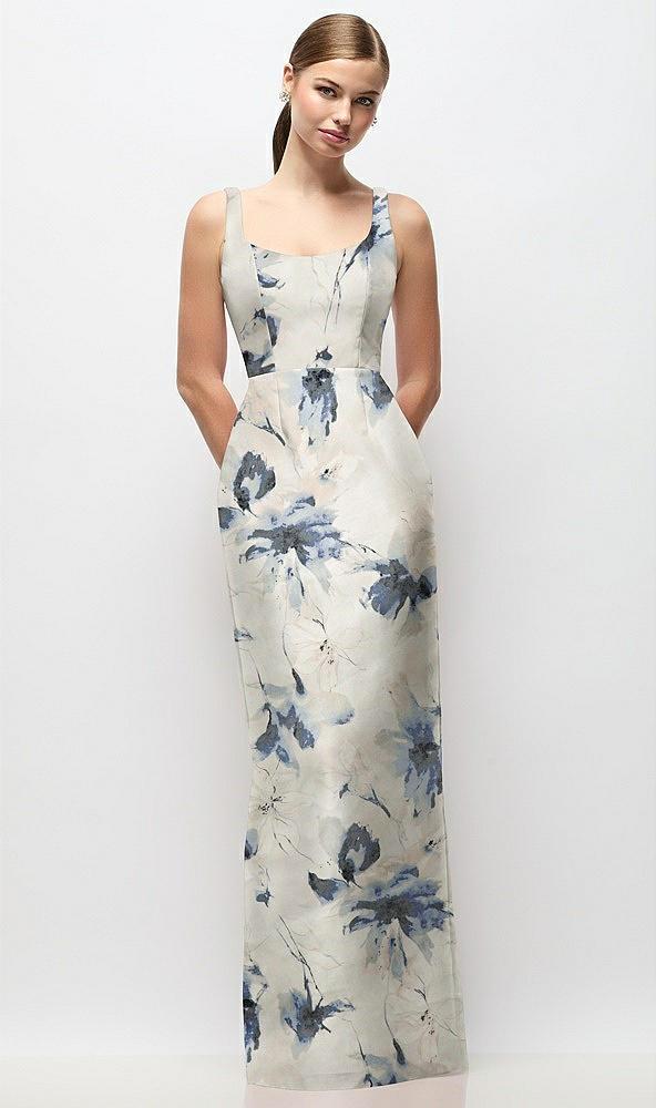 scoop neck floral satin column maxi dress