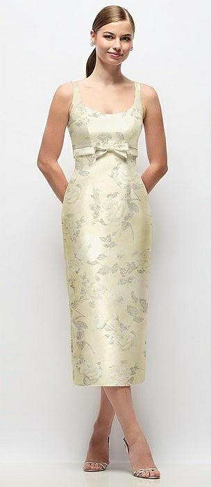 scoop neck floral satin column midi dress with bow at empire waist