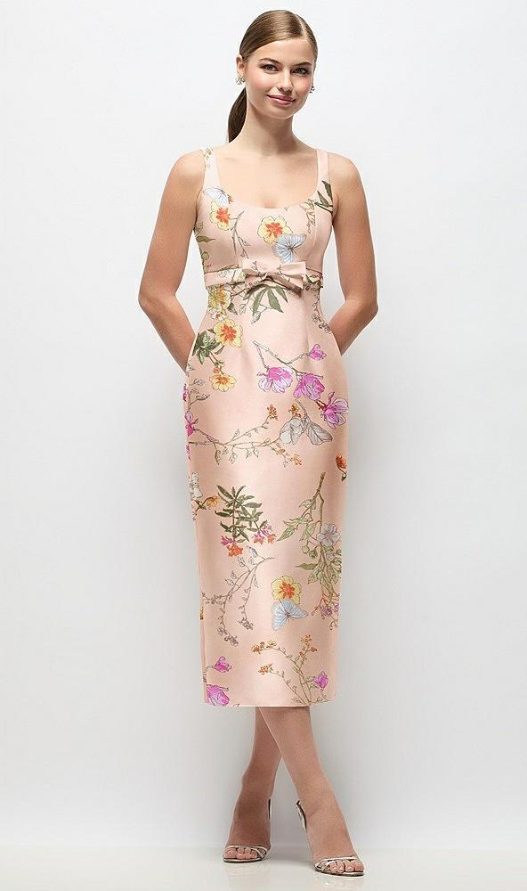 scoop neck floral satin column midi dress with bow at empire waist