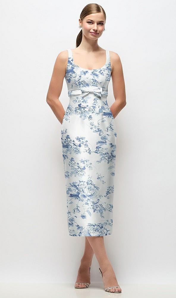 scoop neck floral satin column midi dress with bow at empire waist