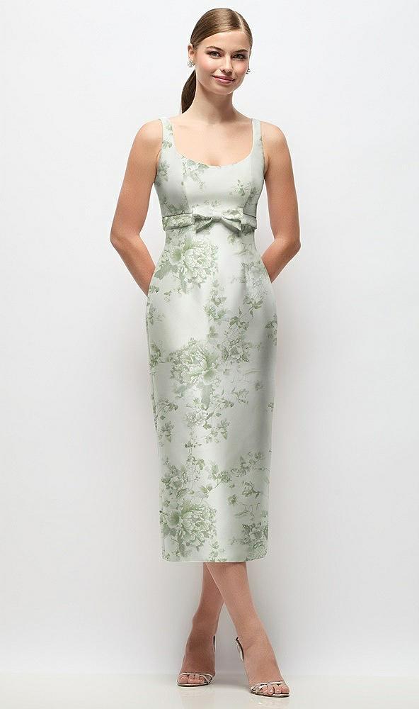 scoop neck floral satin column midi dress with bow at empire waist